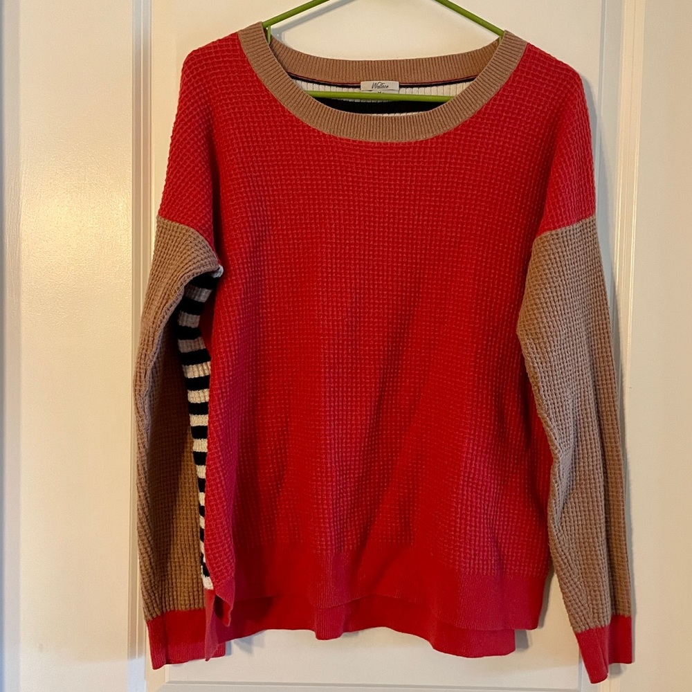 Red, tan, and striped sweater